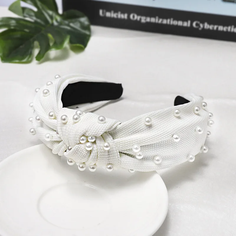 
LRTOU Wholesale Hair Accessories Girls Plain Fabric Knot Plastic Headband Custom Pearl Hair Bands For Women 