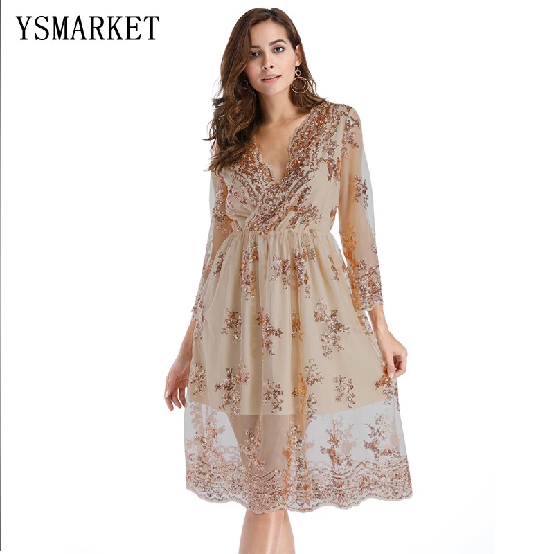 

YSMARKET V neck long sleeve sequin party dresses women sexy mesh streetwear midi dress female autumn dress E1902