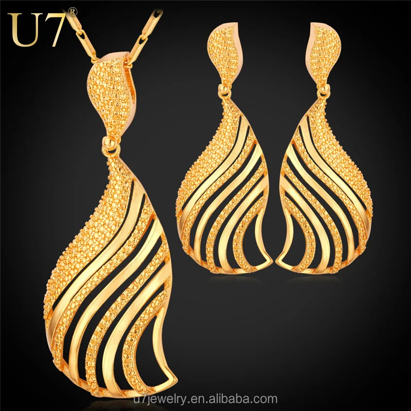 

U7 indian jewelry set For Women Dubai gold jewelry Drop Earrings Pendant Necklace Set Platinum 18k gold plated jewelry sets, Gold color/platinum color