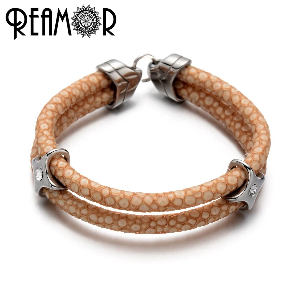 

REAMOR Trendy Double Layers PU Stingray Leather Bracelets & Bangles Men 316l Stainless Steel Crystal Star Bangle Women Jewelry