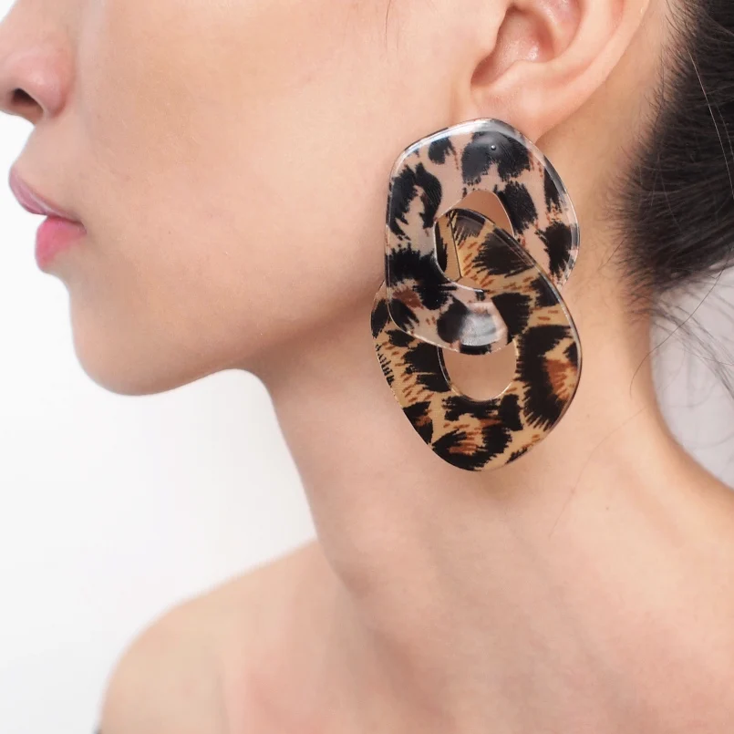 

Geometric Charm Leopard Grain Acrylic Dangle Big Earrings Women Fashion Jewelry Statement Earrings For Party Wholesale, Gray black;brown