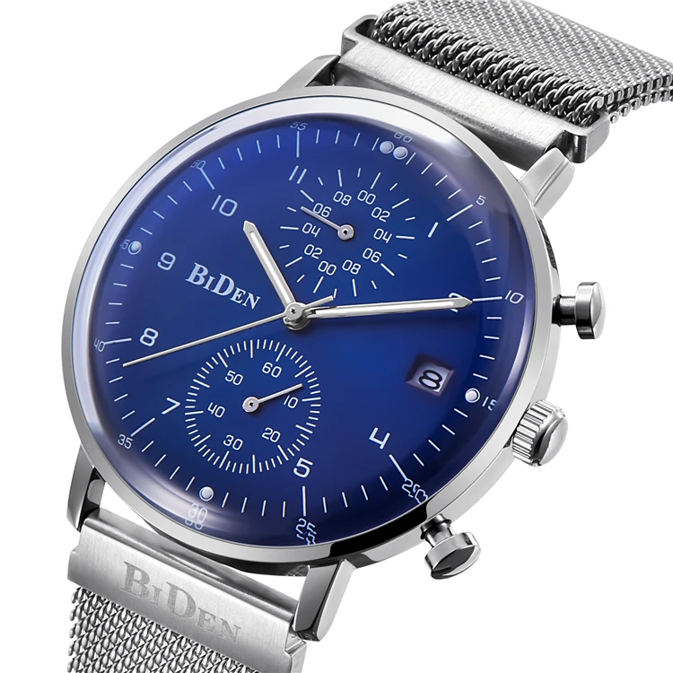 

2018 BIDEN Luxury Mesh Strap Men Gift Watches Lady Stainless Steel Wristwatch Ultra Slim Chronograph Watch Logo