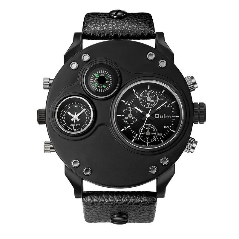 

OULM 3741 Sports Watch Men Quartz 2 Time Zone Leather Army Military Compass Decoration Black Big Case Top Brand Men Wristwatches