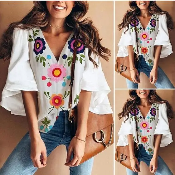 

Europe and American women's 2019 summer large size trumpet sleeves printed T-shirt, Pink/white/ blue
