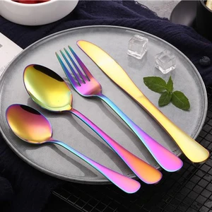 Image of Silverware Cutlery Set Stainless Steel Gold Reusable Fork and Spoon Rainbow Set Vietnam Flatware Sets