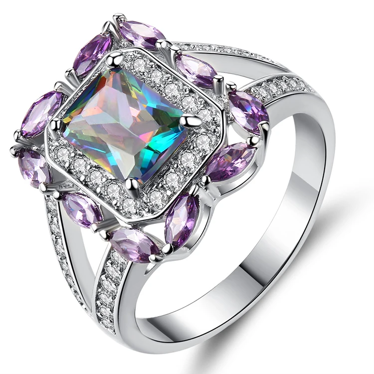 

Luxury Square Princess Cubic Zircon Ring Color Crystal Silver Copper Rings For Women Wedding Engagement Jewelry (KRG033), As the picture