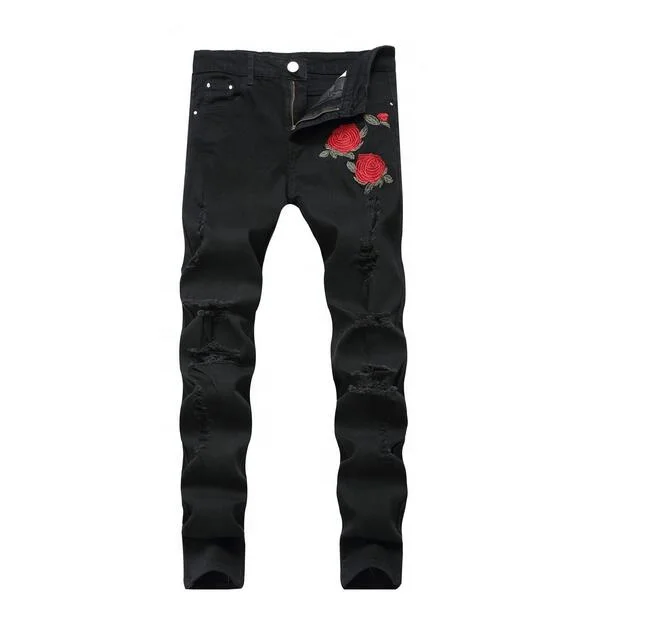 

Mens Ripped Jeans Fashion Embroidery Rose Men Jeans Light Blue Slim Fit Stretch Denim Pencil Pants