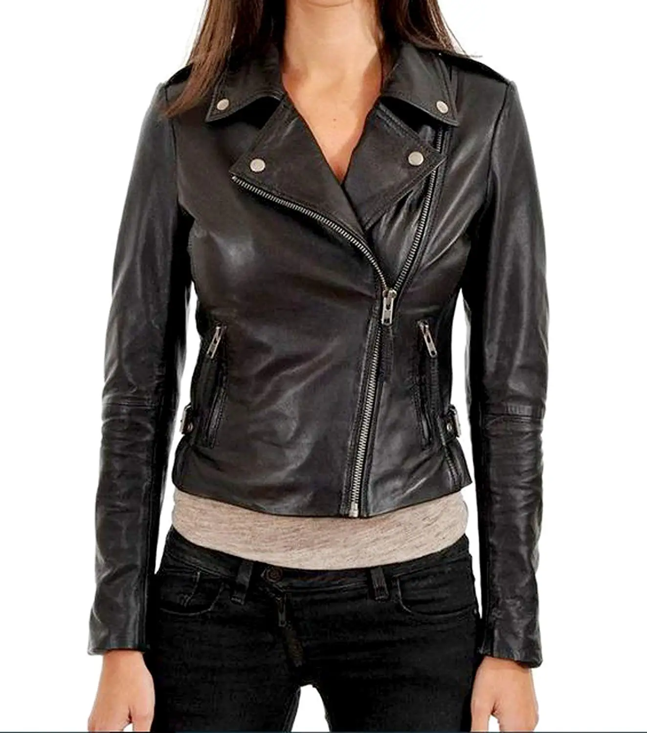 Leather Skin Design Women Pure 100% Lambskin Leather Solid Biker Leather Jacket