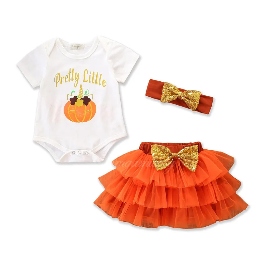 

2018Ins Children'S Wear Explosion Halloween Cute Pumpkin Romper + Mesh Skirt Headwear Set