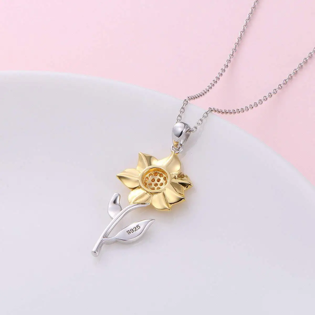 Gold silver two tone pendant sunflower shaped necklace
