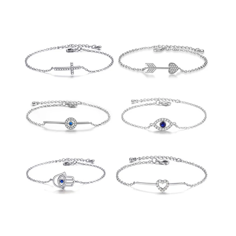 

Fashion Silver Link Chain CZ Zirconia Bracelet Crystal Heart Arrow Blue Eye Hand Bracelet For Women Girl