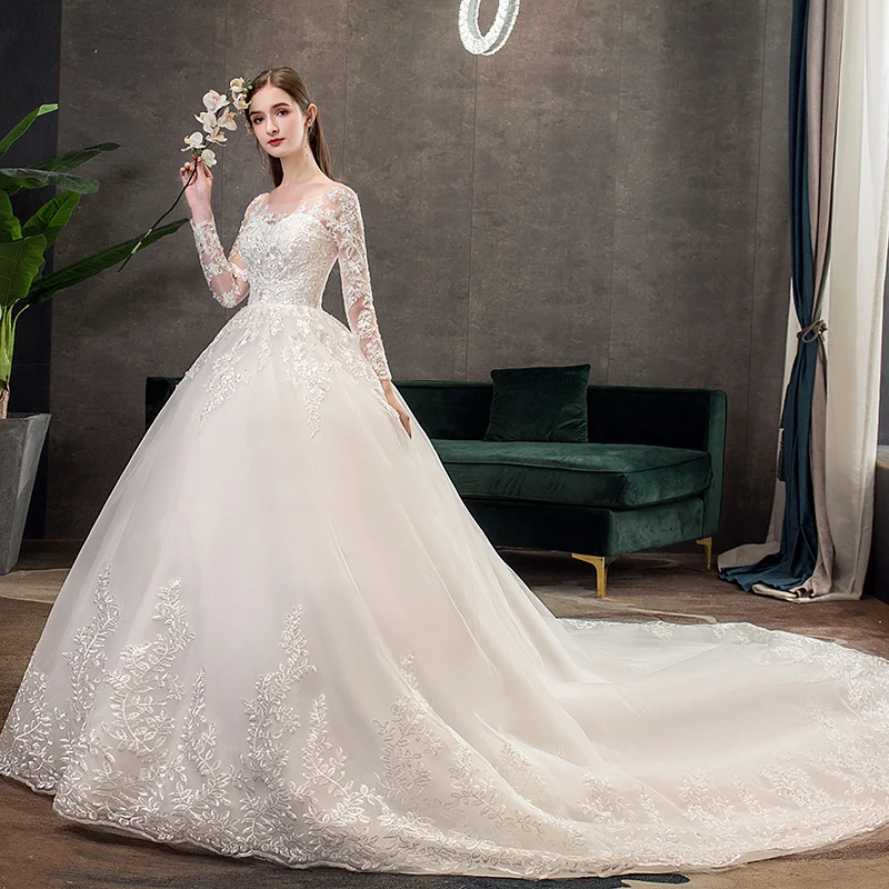 

2019 Full Sleeve Muslim Lace Wedding Dresses With Big Train Real Photo Luxury Ball Gown Wedding Dress Vestido De Noiva, Modest wedding gown