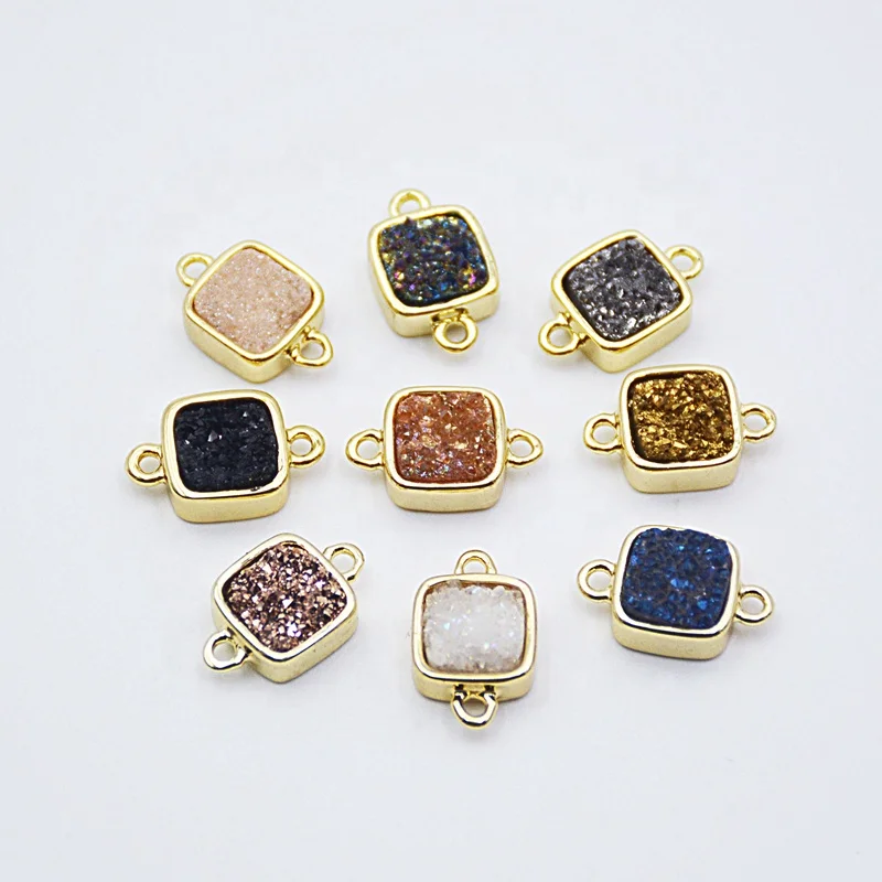 

Gold Plated Square Shape connector Rainbow Natural Titanium Agate Drusy Geode Charm Gemstone Jewelry Making Finding, Multi druzy pendant
