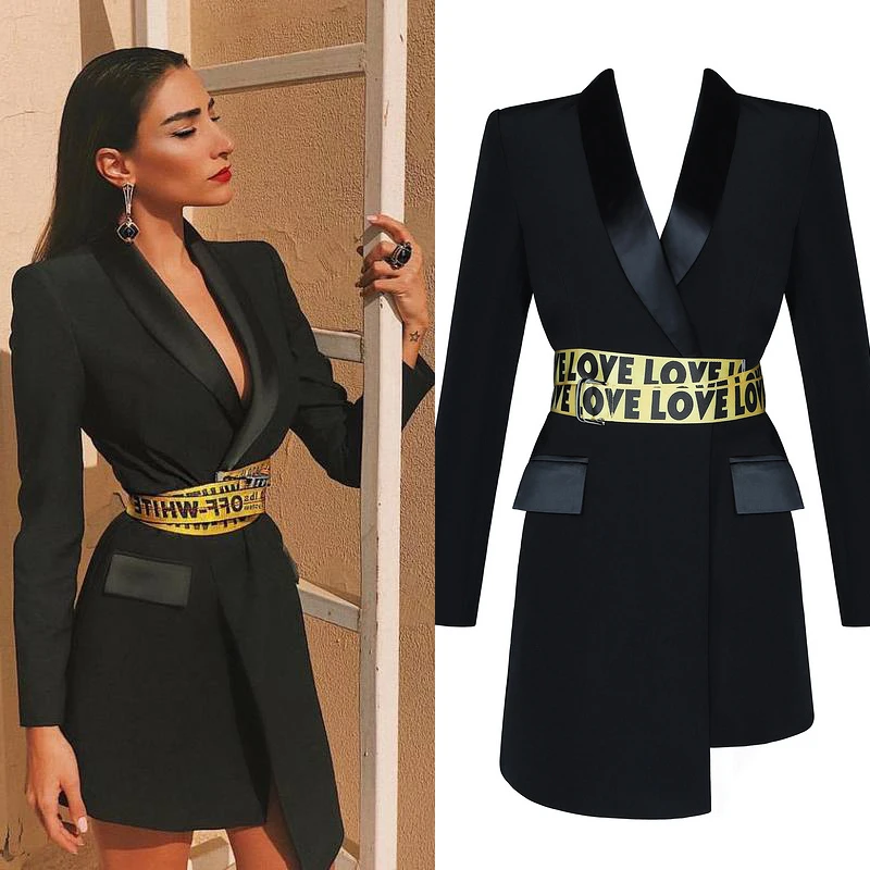 

2019 SS new arrived Long sleeve black Cotton Blazer with letter belt women boutique coat instock wholesale A2775