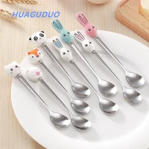 Image of 2019 household items made china different kinds of tablewares cute Ceramic small animal design stainless steel taster spoons