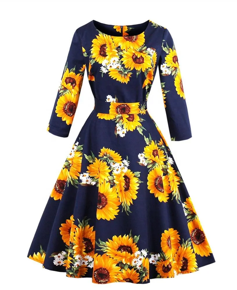 

Amazon FBA Service MXN-1568 Readymade sunflower print navy quarter sleeves women autumn o-neck dress female dresses for winter
