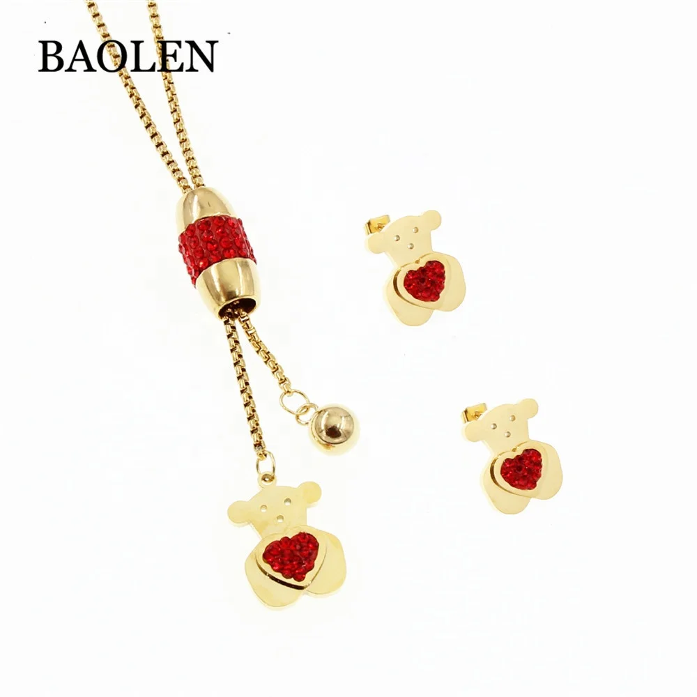 

Factory Designed Supplied Stainless Steel 18K Gold Plated Wide Long Chain Big Pink Red White Bear Jewelry Set conjunto de joyas