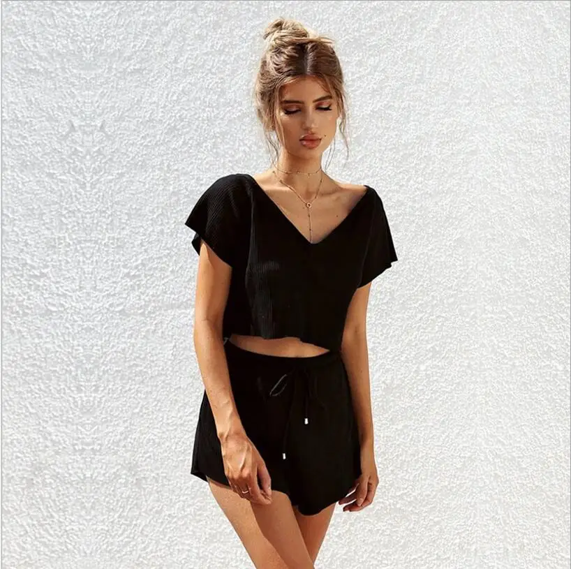 

FY 2018 Plus size V-neck Beach Casual Sexy Black Crop top shorts sets women summer sets women two pieces outfits, Grey