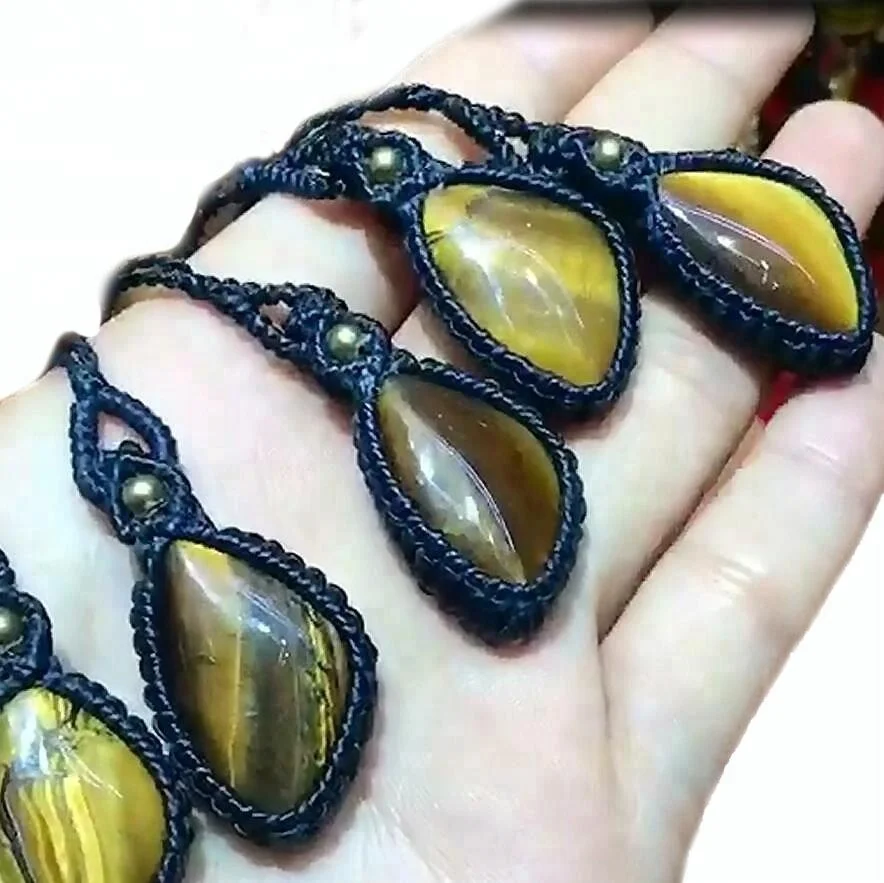 

handmade woven waxed cotton natural tiger eye stone pendant necklace for women, As picture or custom