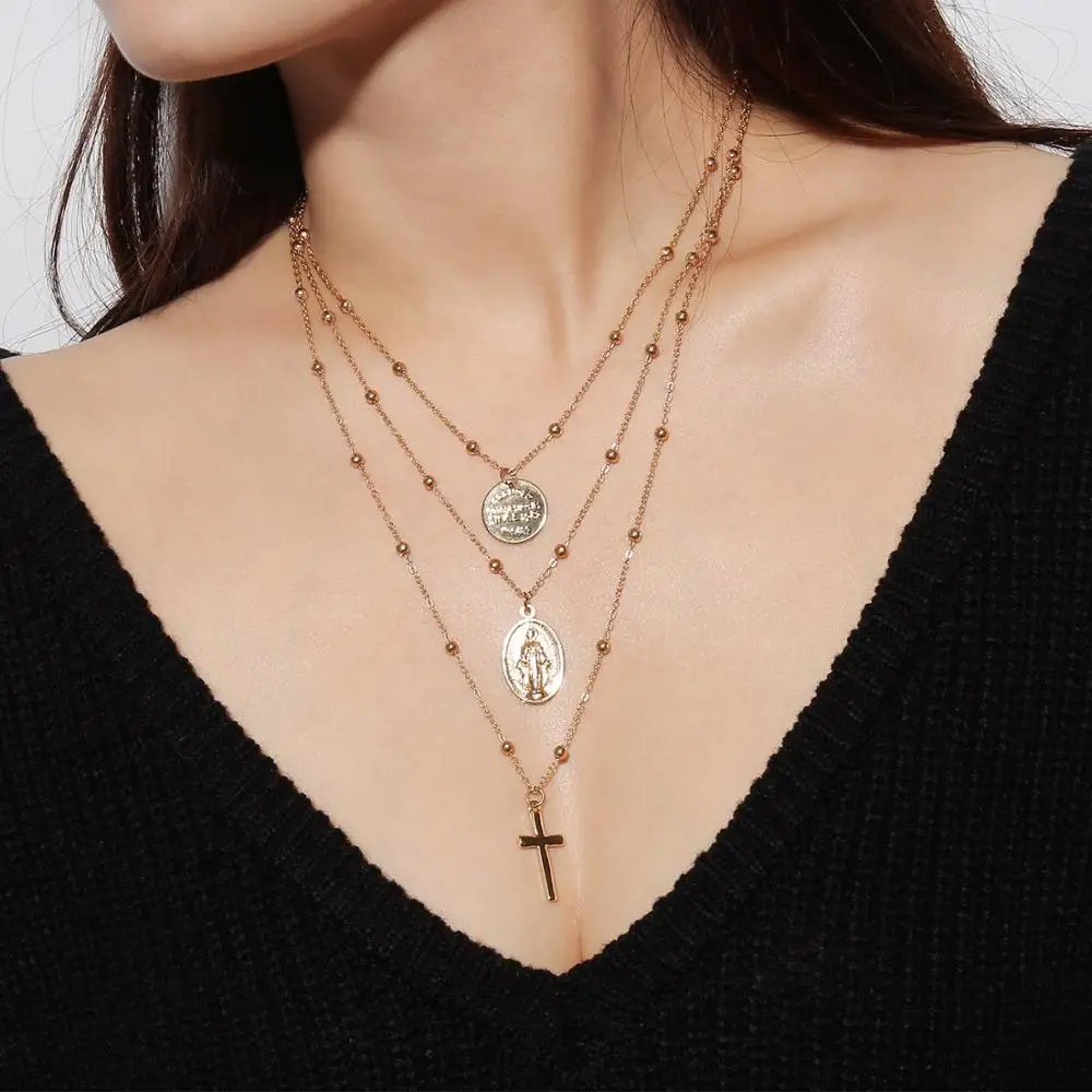 

Multilayer Cross Virgin Mary Pendant Necklace Copper Beads Chain Christian Necklace Goddess Catholic Choker Necklace (KNK5026), Silver, gold