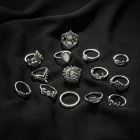 

Fashion silver finger crown leaf silver ring bohemian retro knuckle sun and moon ring jewelry set