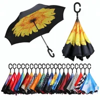 

Inside full print double layer auto open close reverse inverted c type handle umbrella for car