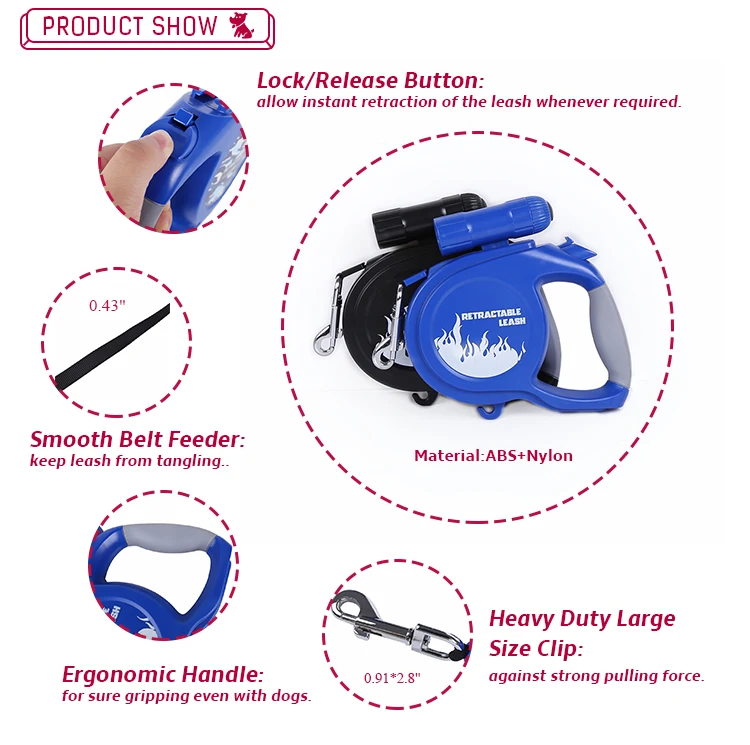 Custom Color Nylon dogs accessories in china, Retractable Dogs 5M 16.5FT Automatic custom Outdoor LED big dog leash