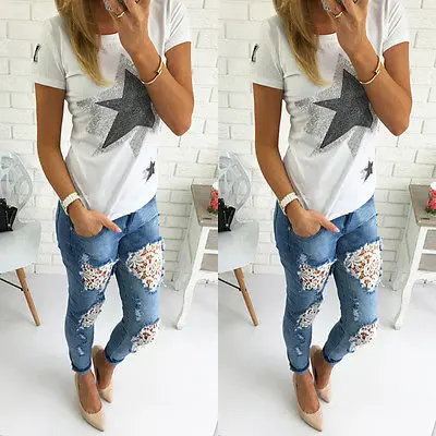 

Women blue Destroyed Ripped Distressed Slim Denim top hang tags jeans Lace Trousers