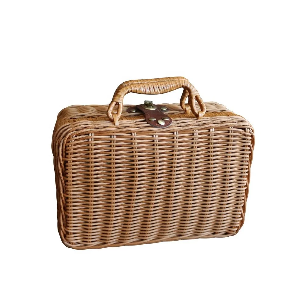 

Vintage Rattan Mini Storage Case Travel Picnic Basket Tabletop Organizer Resin Wicker Suitcase Photo Props Box