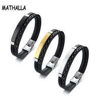 

Newest Designs Stainless Steel Plain Blank Charm Bar Bracelet Black PU Leather Bracelet Bangle Homme