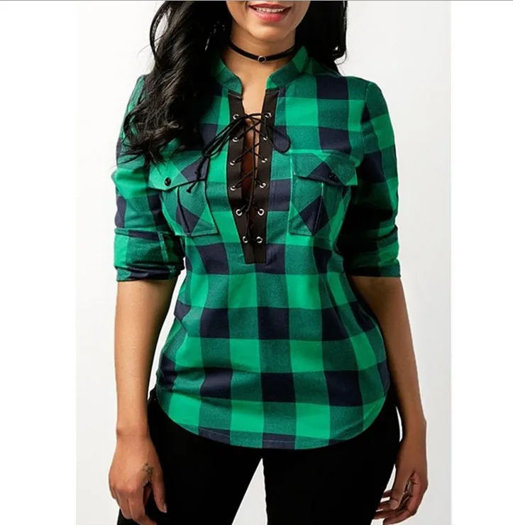 

wholesale Women Spring Long Sleeve Plaid Shirts Blouses Shirt Office Lady Cotton Lace up Shirt Tunic Casual Tops