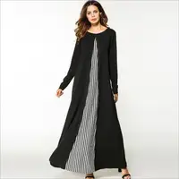 

Women Casual Loose Robe Fashion O Neck Long Sleeves Islamist conservative Stripe Stitching Abaya Muslim Dresses A130