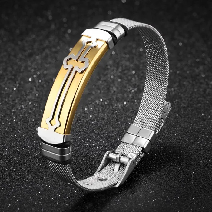 

Stainless steel cross mesh adjustable male bracelet, As picture