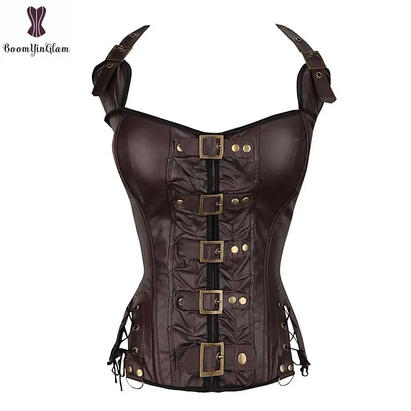 

Corset Women Synthetic Leather Plus Size Front Buckle Korset Overbust Boned Halterneck Corsets