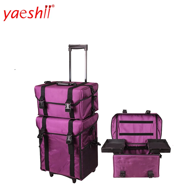 

Yaeshii professional rolling 2in1Nylon Bags rolling trolley Travel cosmetic organizer makeup Train case with draweron Wheels, Black/purple