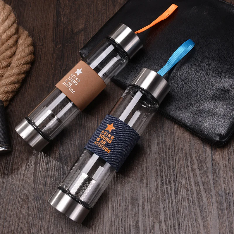 

Tea Infuser Tumbler Borosilicate Glass Drinking Water Bottle outdoor with tea filter, Customized color