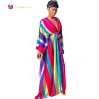 

2019 Women V Neck Long Sleeve Casual Dress Sweet Gradual Change Multicolor Maxi African Casual+Dresses