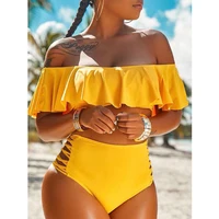 

2019 New Arrive High Waist Bikini Solid Biquini Ruffle Swimsuit Women Swimwear Beach Tankini Bathing Suit