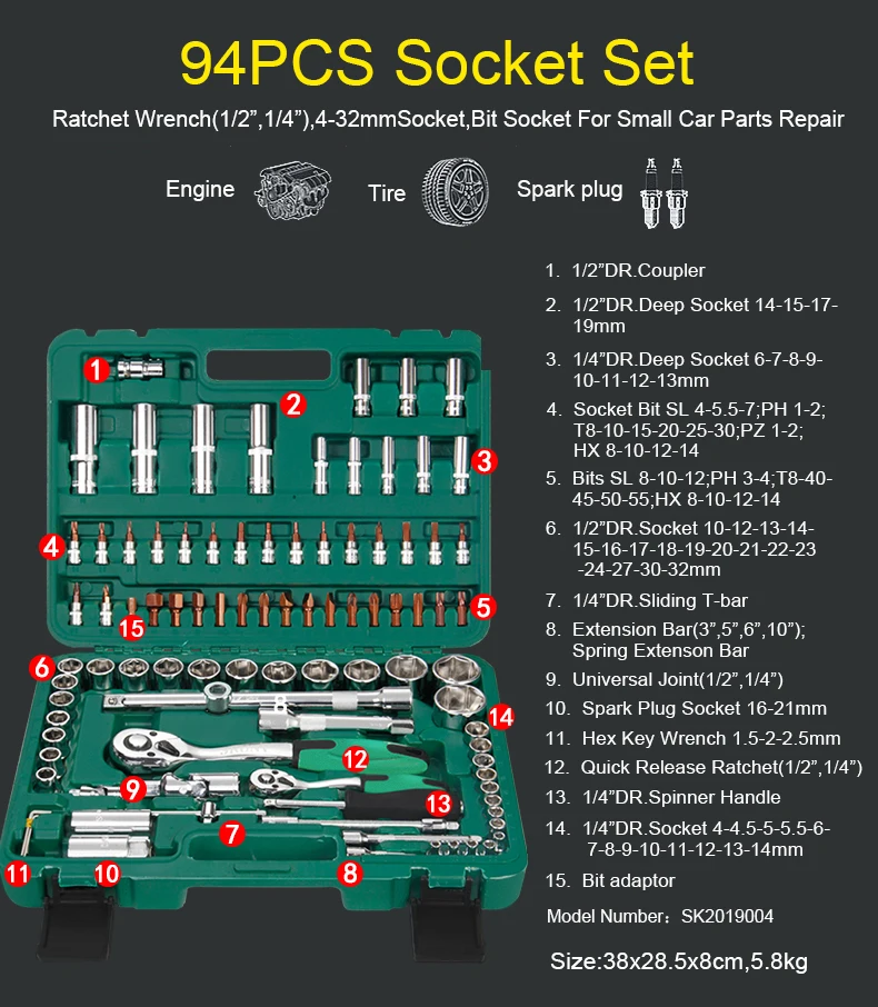 46pcs High Quality Crv Chrome Finish Socket Tool Set Socket Wrench