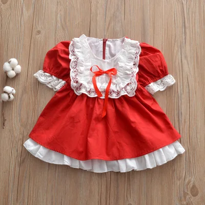 

F10780A European style kids puff sleeve stitching dress lace sweet puff princess clothing, As picture