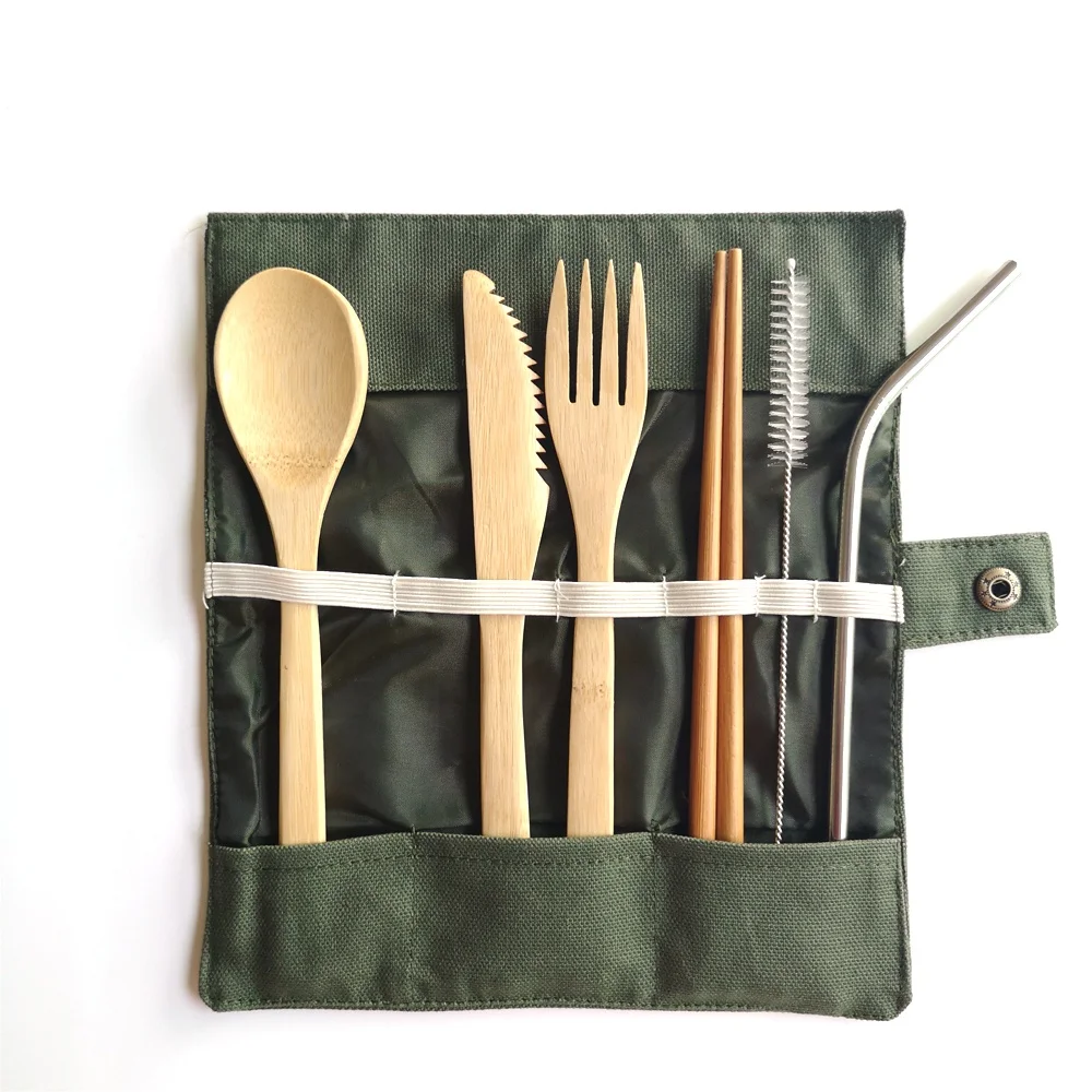 

Eco-friendly bamboo cutlery set organic travel cutlery set with carrying pouch spoon knife fork, Natural bamboo color