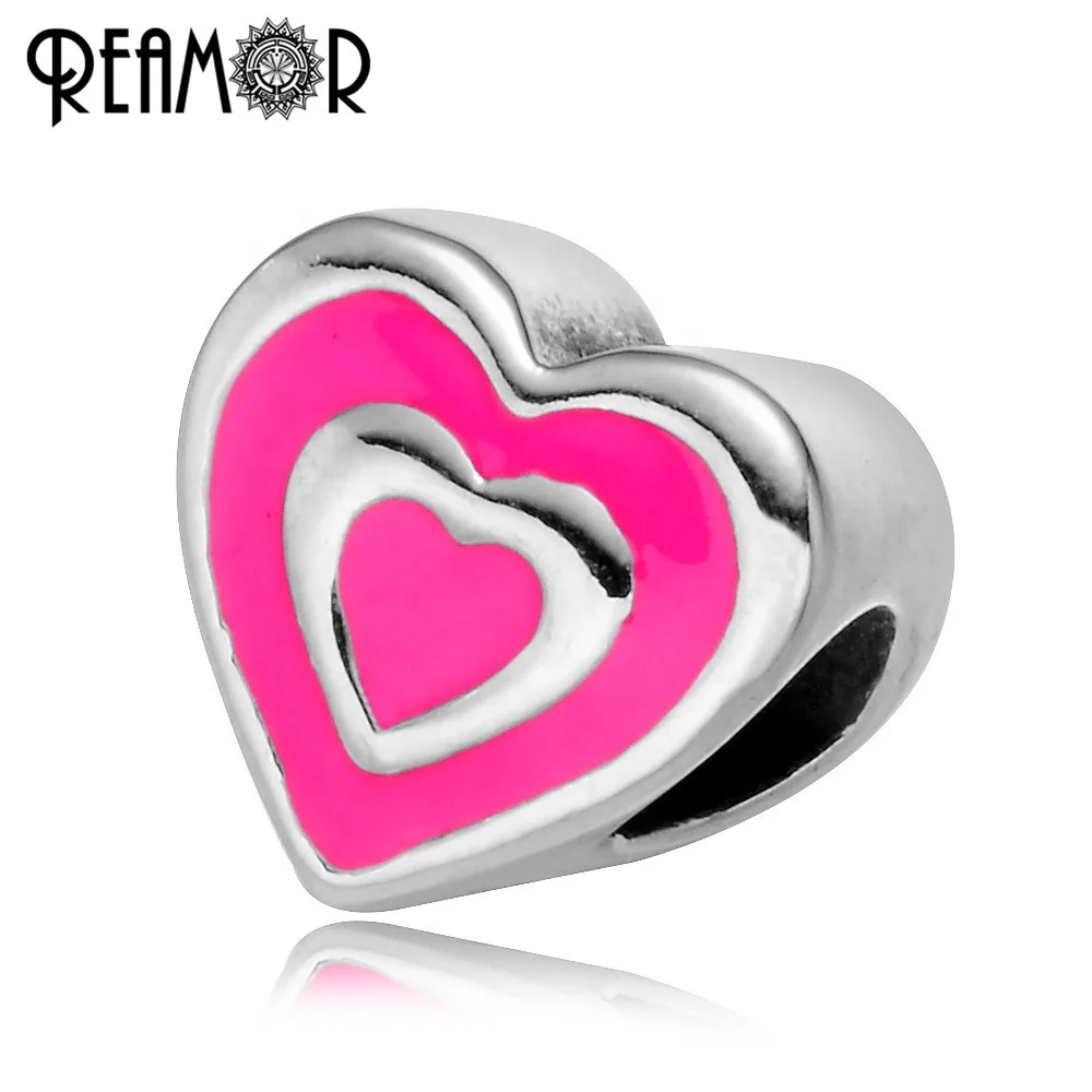 

REAMOR 316L Stainless steel Enamel Pink Swirl Love Heart European Charm Beads Fit Pan Style Bracelet Jewelry Making Accessories