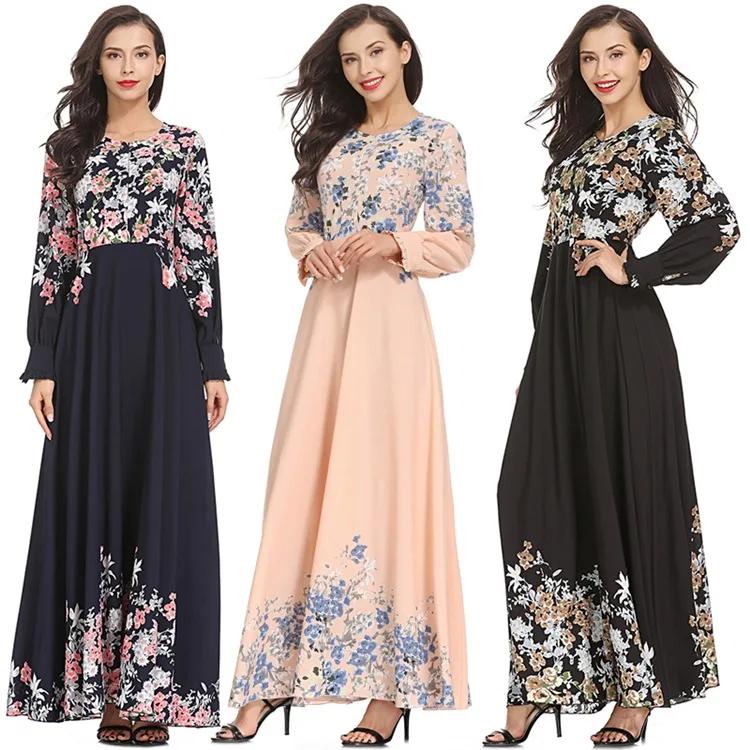 

Middle Eastern Fashion Muslim Women Robes Chiffon Floral Print Large Swing Girl EID Abaya Dress