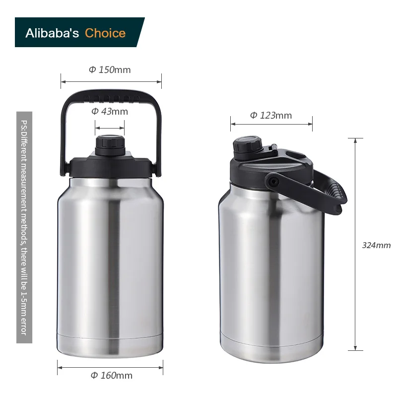

64oz 128oz 1 Gallon Stainless Steel Big Water Bottle Beer Wine Thermal Jug Insulated 128 oz Growler Keg Manufacturer, Customized color