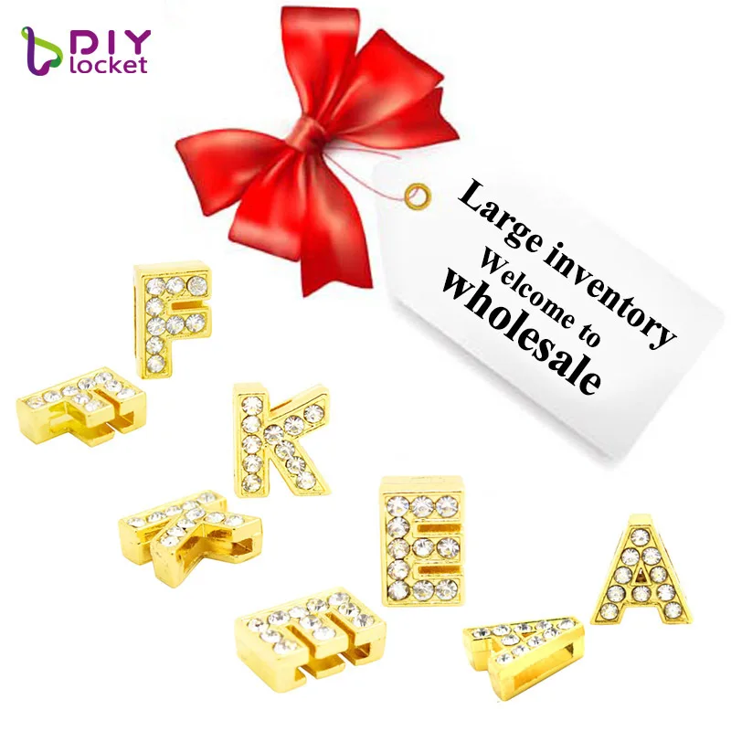 

Wholesale 1300pcs Mix Rhinestone Gold Slide Letter For 8mm Charms Leather Bracelet, Customized Personalized Slide Charms, Picture