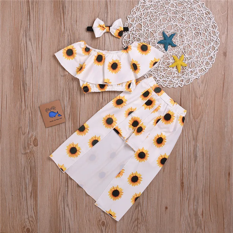 Hot selling toddler clothing sets girl summer Sunflower design 3pcs kid boutique girls clothing sets