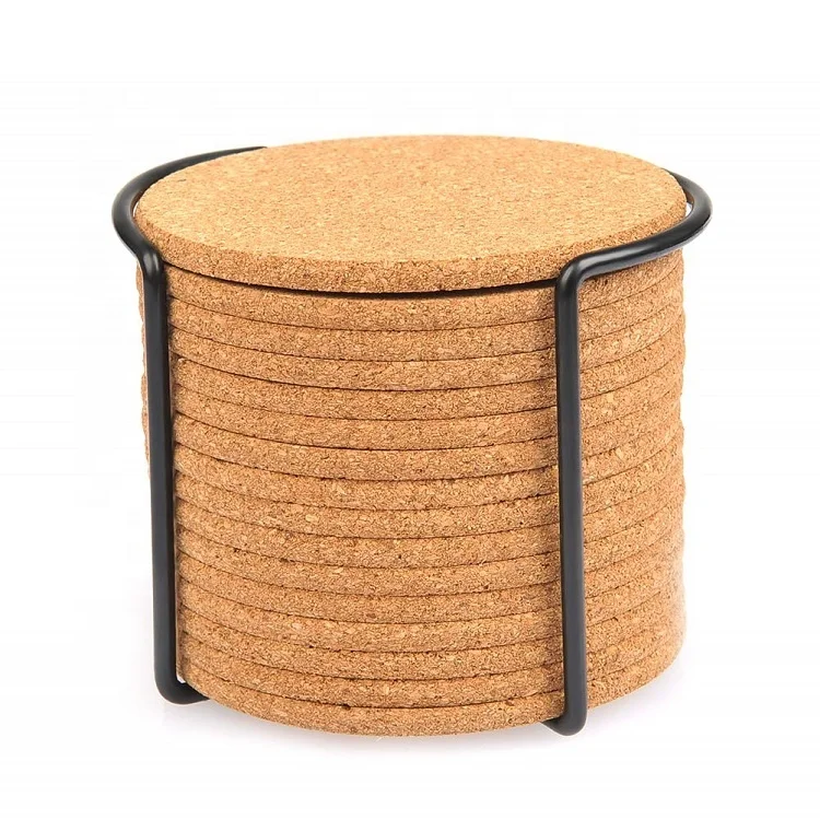 

16 pack Natural Round Cork Coasters with Metal Holder Storage Caddy, Nature