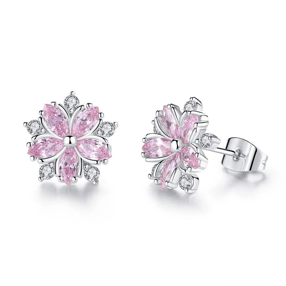 

Pink Crystal Zircon Cherry Blossom Flower Stud Earrings For Women Girl brincos