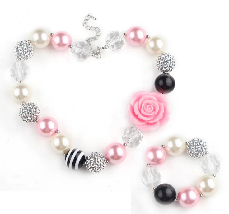 Rainbow Bright Stripe Flower Chunky Bubblegum Necklace and Bracelet Set