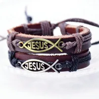 

New simple stainless steel christian leather jesus fish bracelet